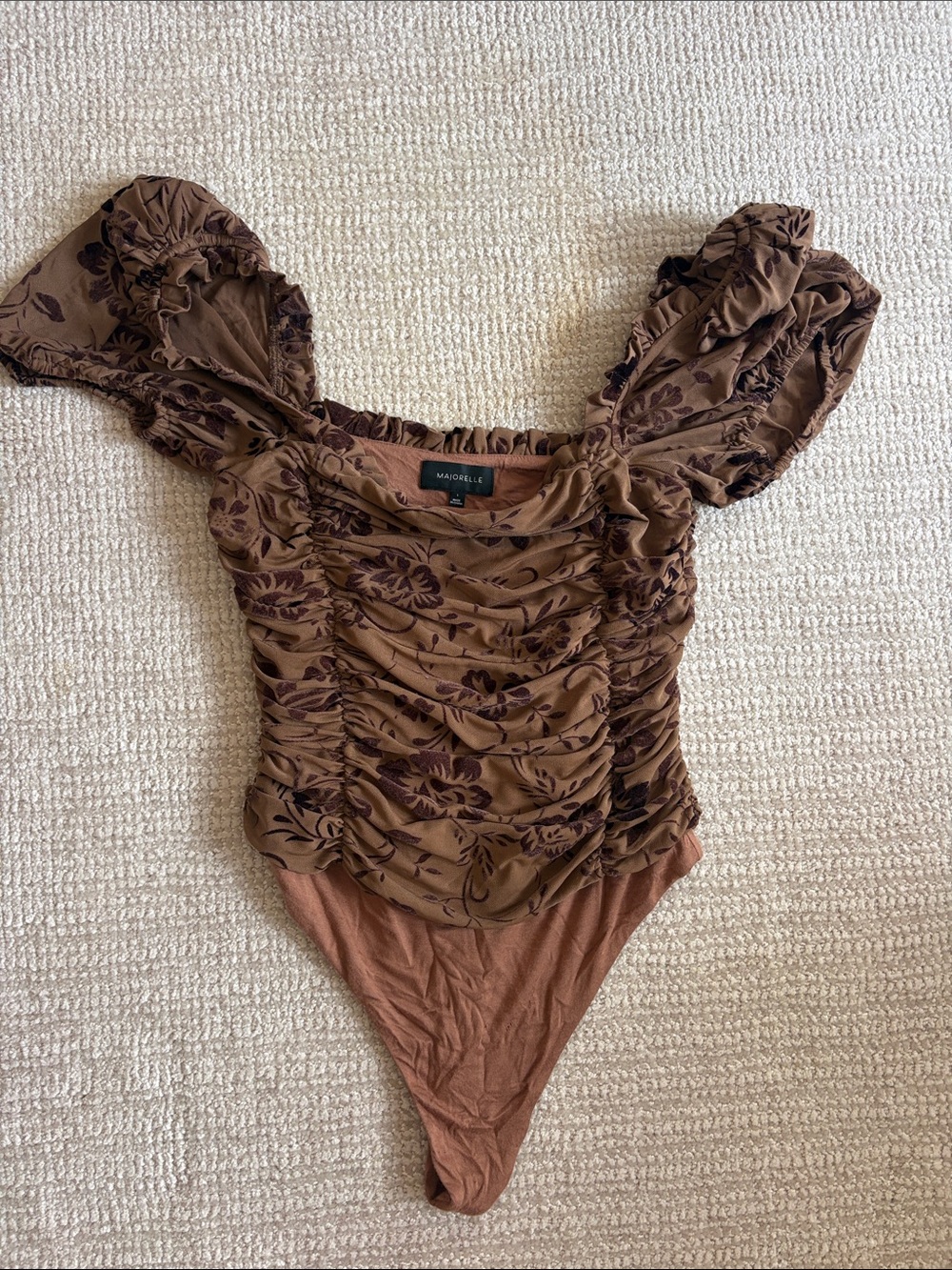 MajorElle Brown Floral Ruched Puff-Sleeve Bodysuit